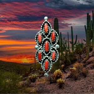 Sterling Silver Zuni Needlepoint Red Coral Elongated Ring Size 5.5.
